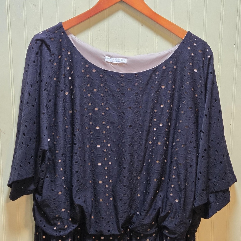 London Times Woman Navy Blue Eyelet Blouson Sheath Dress Lined Plus Size